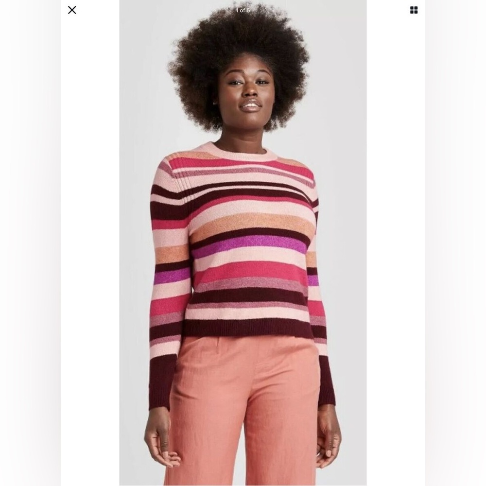 A New Day Sweater Striped Crewneck Pullover Coral Pink Size M